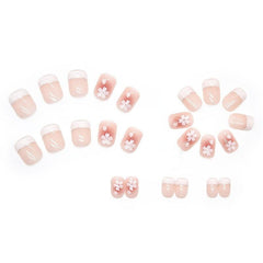 24pcs Coffin Shape Press On Nails Nude Pink with Flowers Trim Short Length