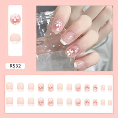 24pcs Coffin Shape Press On Nails Nude Pink with Flowers Trim Short Length