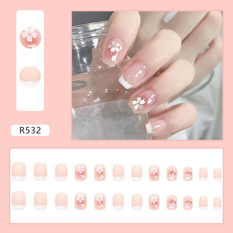 24pcs Coffin Shape Press On Nails Nude Pink with Flowers Trim Short Length