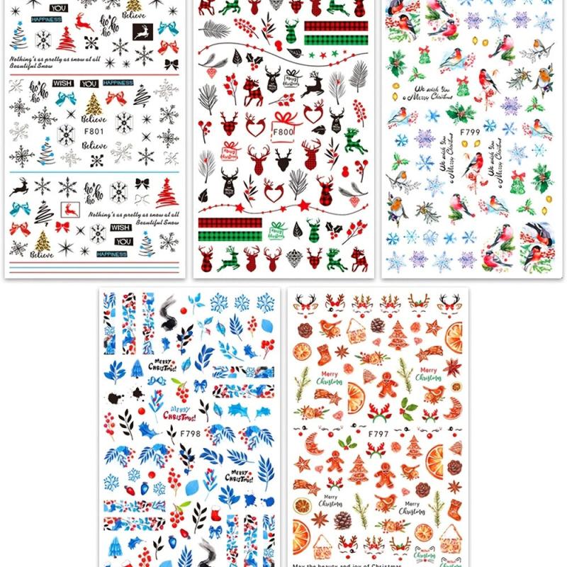 Christmas Tree Nail Stickers 3D Self Adhesive Decals Snowflake Designs