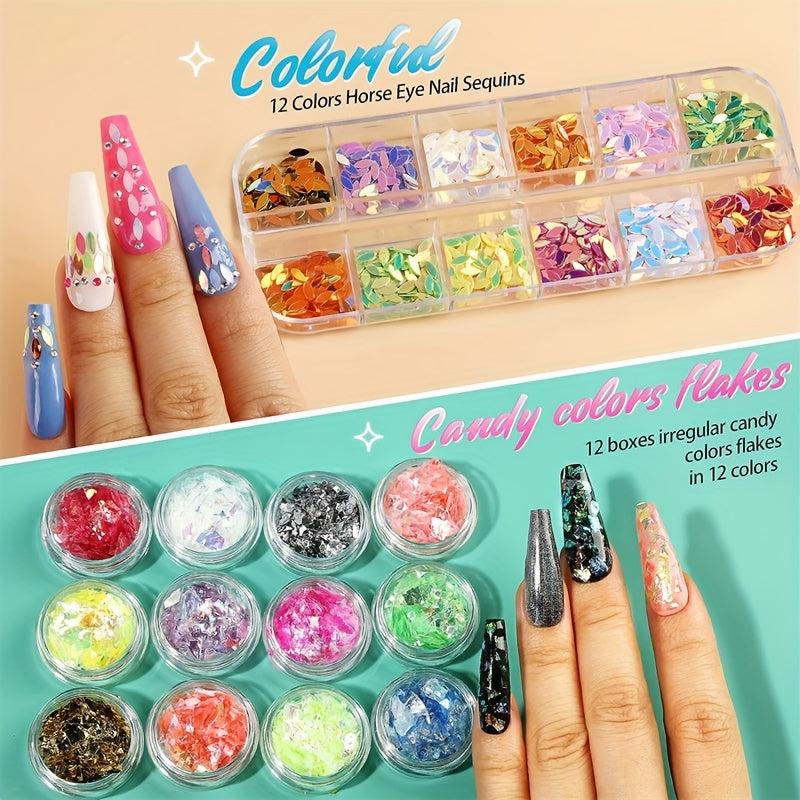 Nail Foil Rhinestones Flakes Decoration Kit with Gems Picker