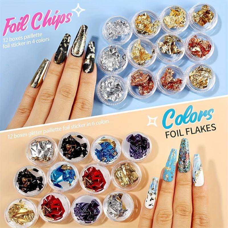 Nail Foil Rhinestones Flakes Decoration Kit with Gems Picker