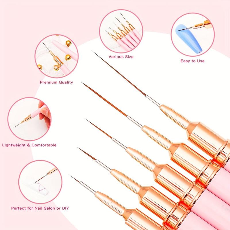 5pcs Pink Nail Art Brush Set for Long Nails Gel Polish Painting Manicure