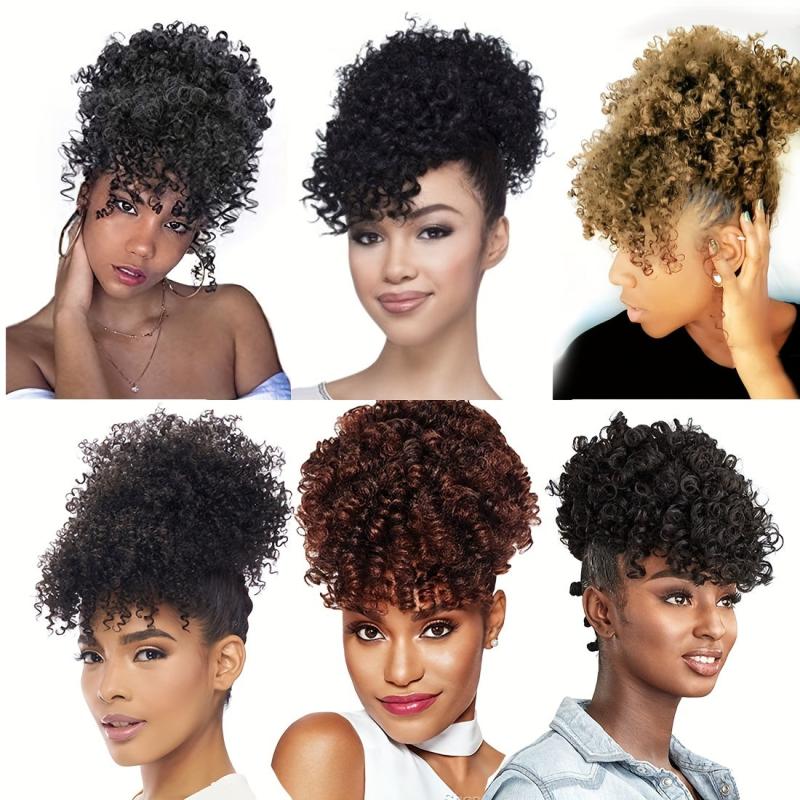 Short Afro Curly Hair Bun With Bangs Synthetic Chignon Wigs