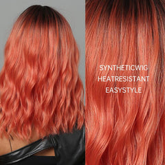 Bob Water Wave Wig Ombre Brown Dark Red Bangs Women