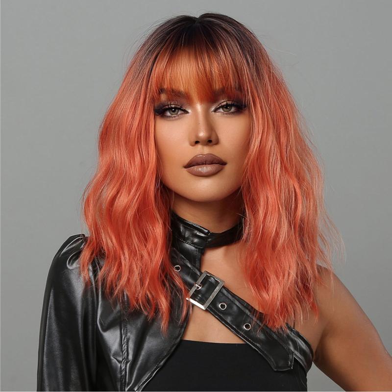 Bob Water Wave Wig Ombre Brown Dark Red Bangs Women