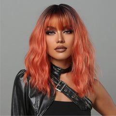 Bob Water Wave Wig Ombre Brown Dark Red Bangs Women