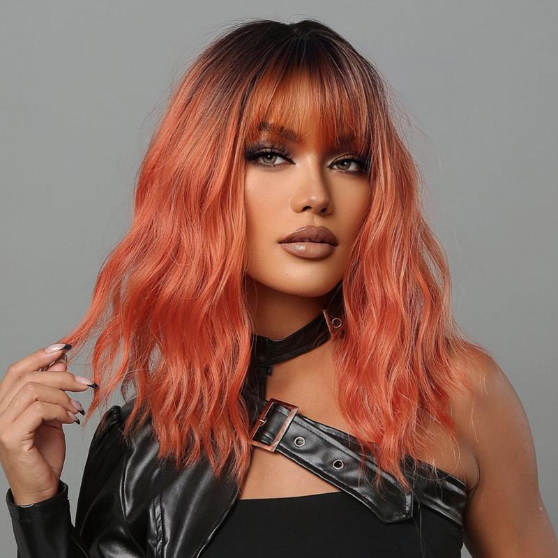 Bob Water Wave Wig Ombre Brown Dark Red Bangs Women