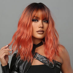 Bob Water Wave Wig Ombre Brown Dark Red Bangs Women