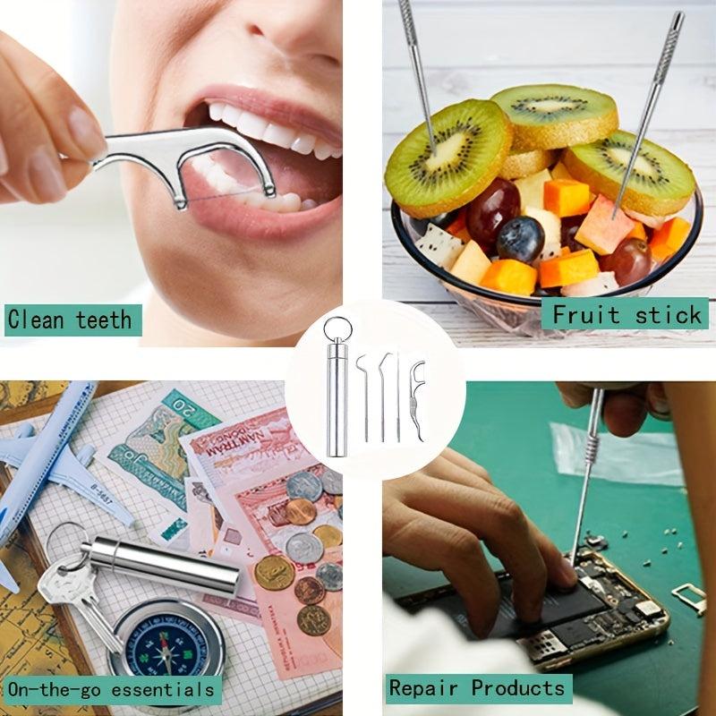 4Pcs Reusable Metal Toothpicks Stainless Steel Pocket Set Holder Travel Kit