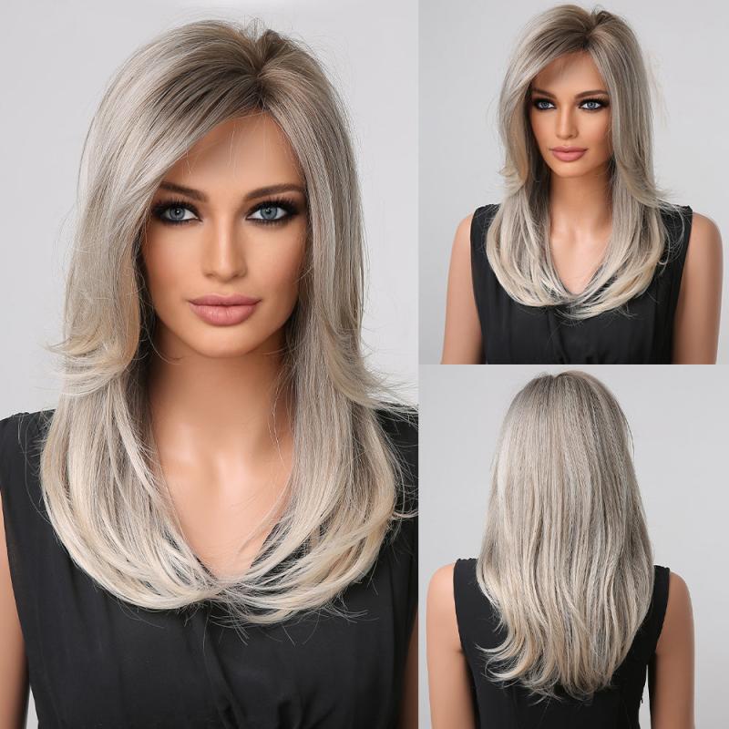 Natural Brown Blonde Layered Wig with Highlights 18 Inch Realistic Hairpiece