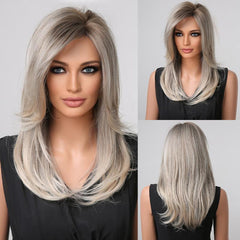 Natural Brown Blonde Layered Wig with Highlights 18 Inch Realistic Hairpiece