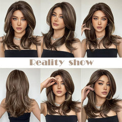 Natural Brown Blonde Layered Wig with Highlights 18 Inch Realistic Hairpiece