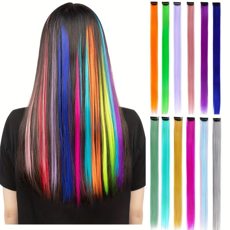 Colorful Straight Hair Extensions Clip In for Halloween Party Cosplay