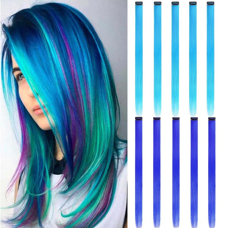 10PCS Colored Clip In Hair Extensions Teal Straight Hair Party Highlights