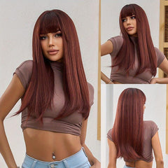 Long Brown Wigs With Bangs Straight Synthetic Wig 60 96 Cm Hair Replacement