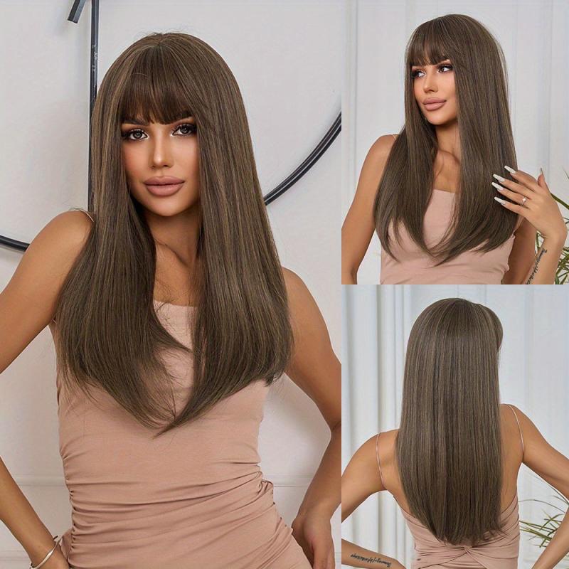 Long Brown Wigs With Bangs Straight Synthetic Wig 60 96 Cm Hair Replacement