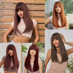 Long Brown Wigs With Bangs Straight Synthetic Wig 60 96 Cm Hair Replacement