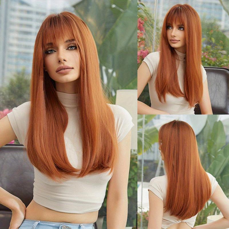 Long Brown Wigs With Bangs Straight Synthetic Wig 60 96 Cm Hair Replacement