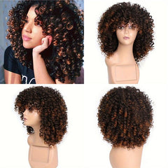 Shoulder Length Kinky Curly Wigs Dark Brown Blonde Mix