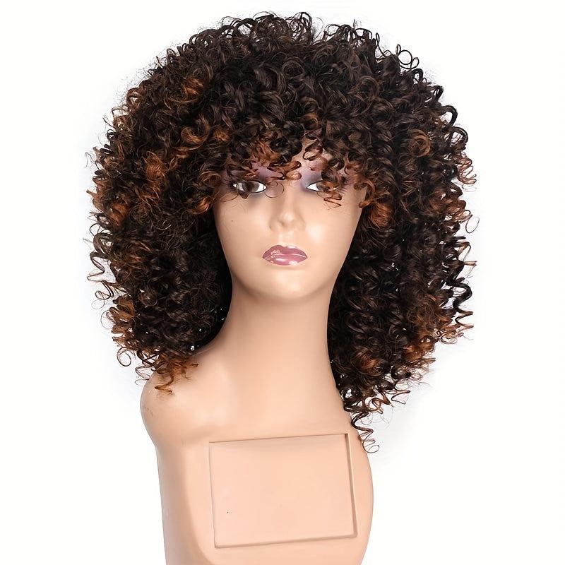 Shoulder Length Kinky Curly Wigs Dark Brown Blonde Mix