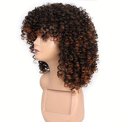 Shoulder Length Kinky Curly Wigs Dark Brown Blonde Mix