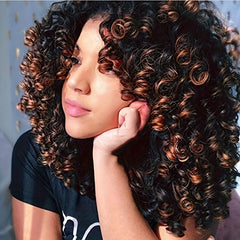 Shoulder Length Kinky Curly Wigs Dark Brown Blonde Mix