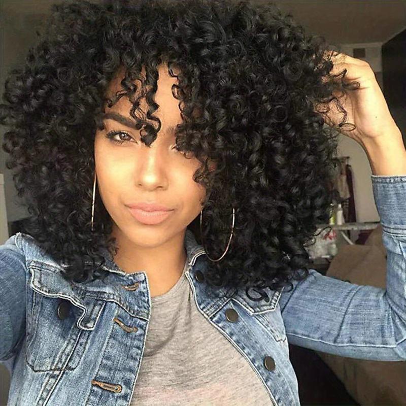 Shoulder Length Kinky Curly Wigs Dark Brown Blonde Mix