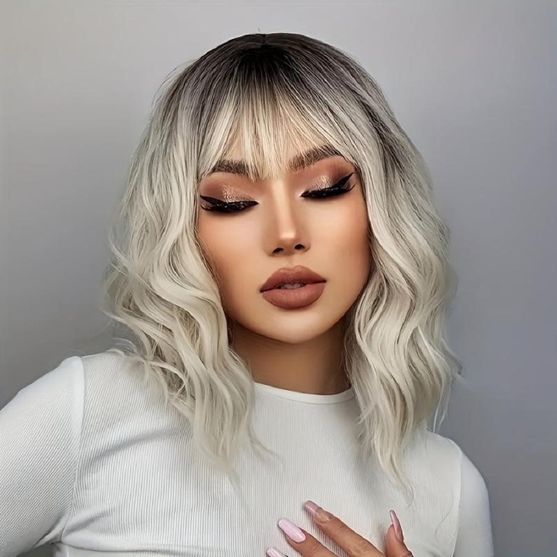 Ombre Water Wavy Bob Wig with Dark Roots for Women