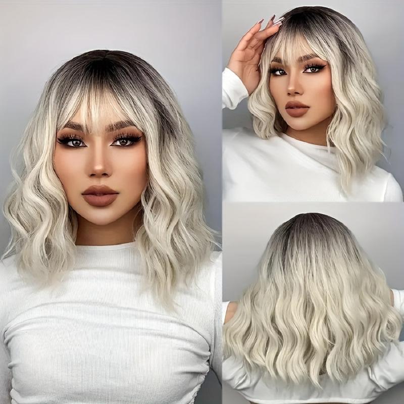 Ombre Water Wavy Bob Wig with Dark Roots for Women