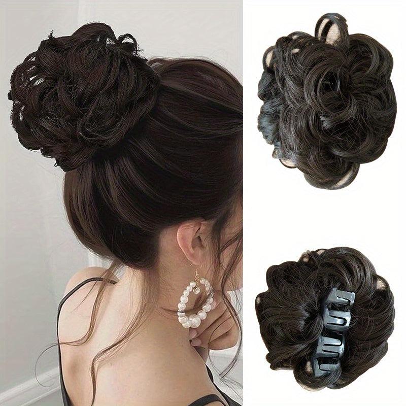 Messy Bun Hair Pieces Curly Clip In Claw Hairpieces Brown