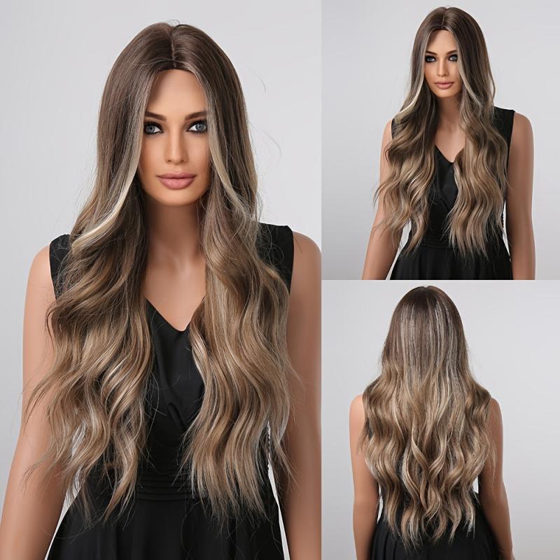 Long Brown Blonde Ombre Curly Wig for Women Synthetic Hair Daily Use