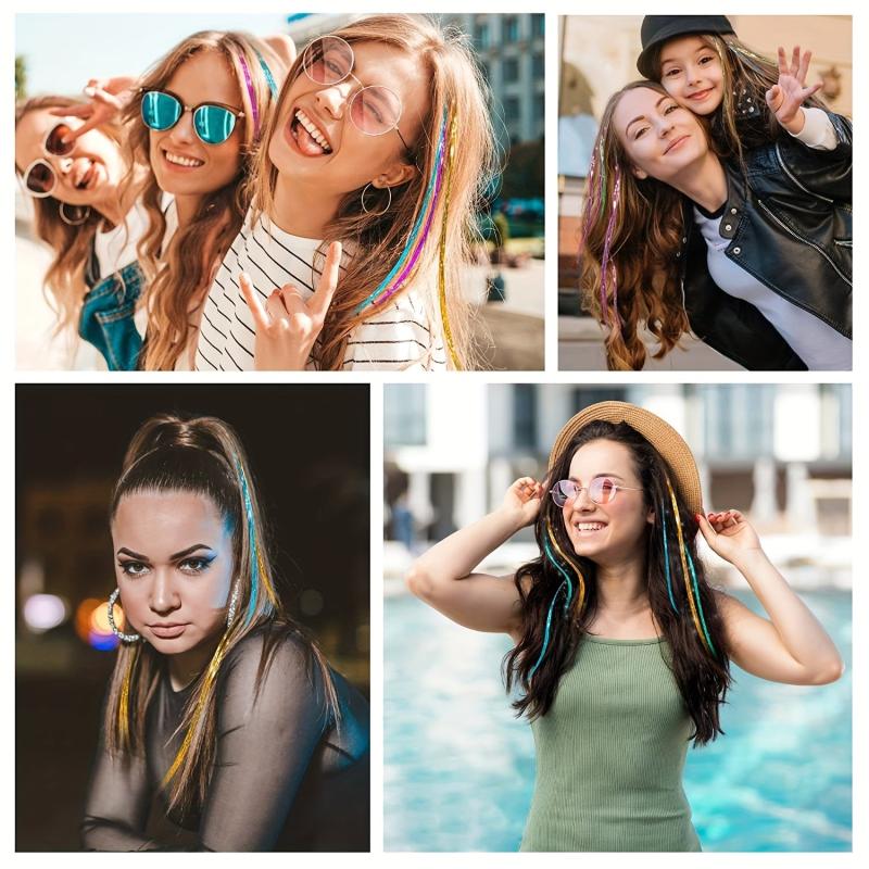 Colorful Glittering Hair Extensions - Laser Straight Tinsel for Halloween