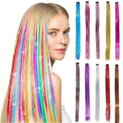 Colorful Glittering Hair Extensions - Laser Straight Tinsel for Halloween