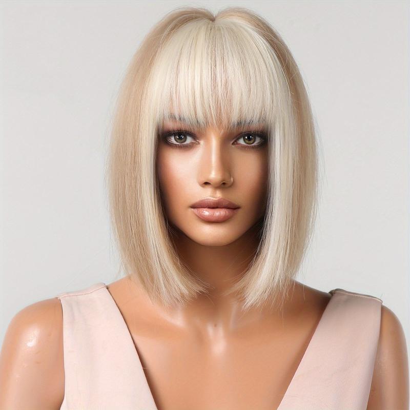 Short Blonde Bob Wig with Ivory Bangs Synthetic Hair for Daily Party Cosplay