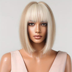 Short Blonde Bob Wig with Ivory Bangs Synthetic Hair for Daily Party Cosplay