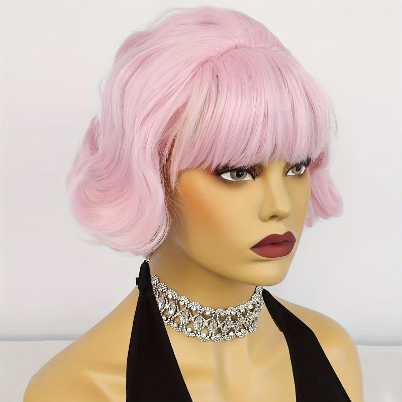 Vintage Pink Cosplay Wig Curly Wavy Short Bob Wig