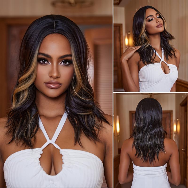 Brown Highlights Wavy Shoulder Length Wig Middle Part 50.8cm