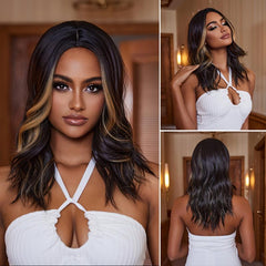 Brown Highlights Wavy Shoulder Length Wig Middle Part 50.8cm