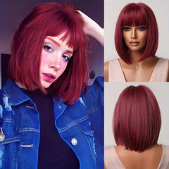 Burgundy Straight Bob Wigs With Bangs 30 48cm