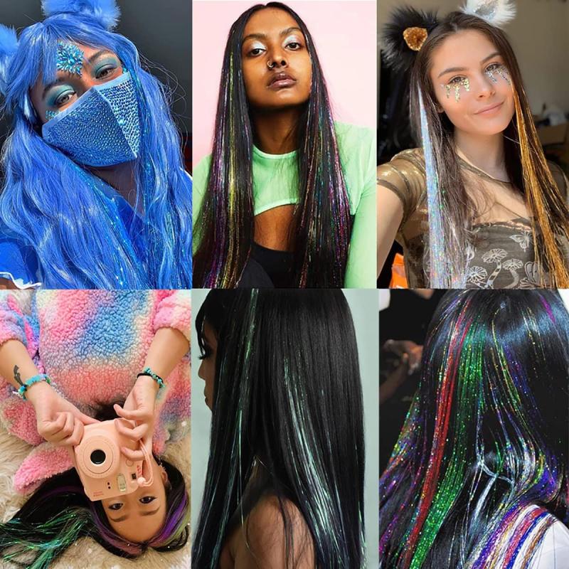 6pcs Y2K Tinsel Hair Extension Glitter Rainbow Synthetic Clip In Hair for Party