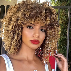 Blonde Brown Highlights Wig Fluffy Synthetic Wig Short Wigs With Bangs For Women