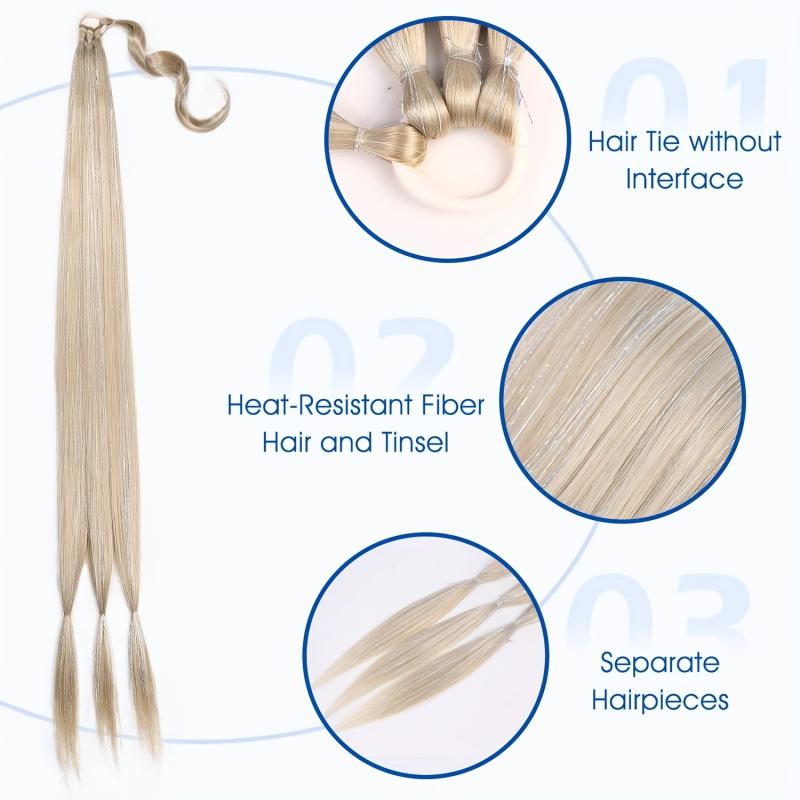 86 cm Blonde Braided Ponytail Extension with Silvery Tinsel Straight