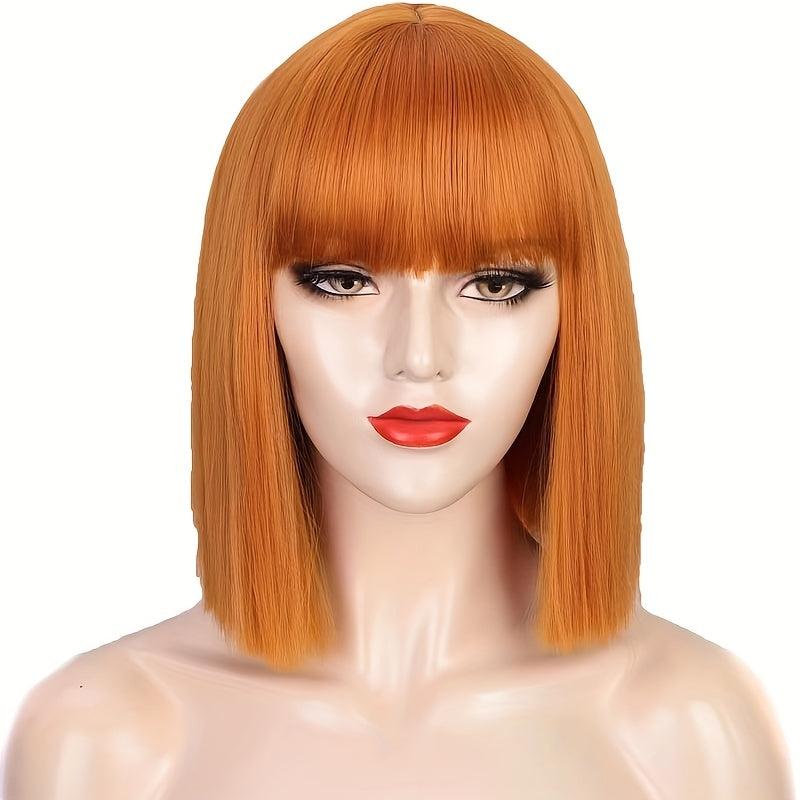 Short Straight Bob Cut Wig With Bangs Synthetic Wig Heat Resistant
