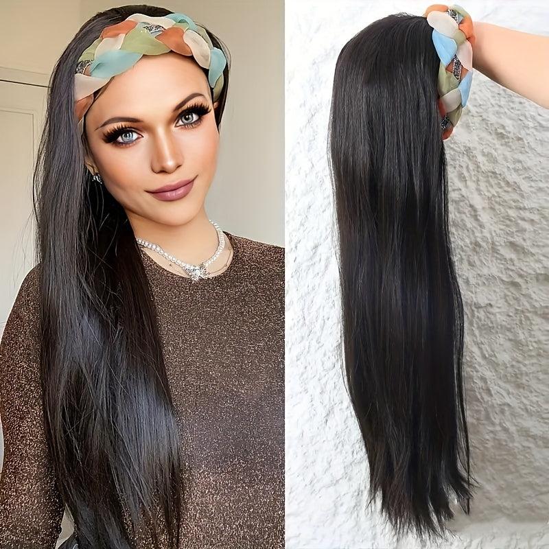 Long Straight Synthetic Headband Wig 60 96 Cm Brown Hair With Colorful Headband