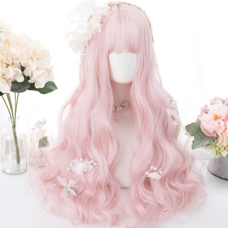 Pink Curly Synthetic Wig With Bangs 66 cm