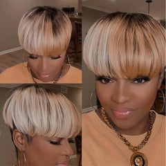 Short Pixie Cut Wig With Bangs Ombre Bob Brown Synthetic Straight Hi