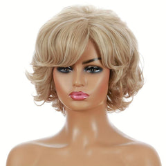 Short Curly Wig with Slanted Bangs - Heat Resistant Wavy Cosplay Wig