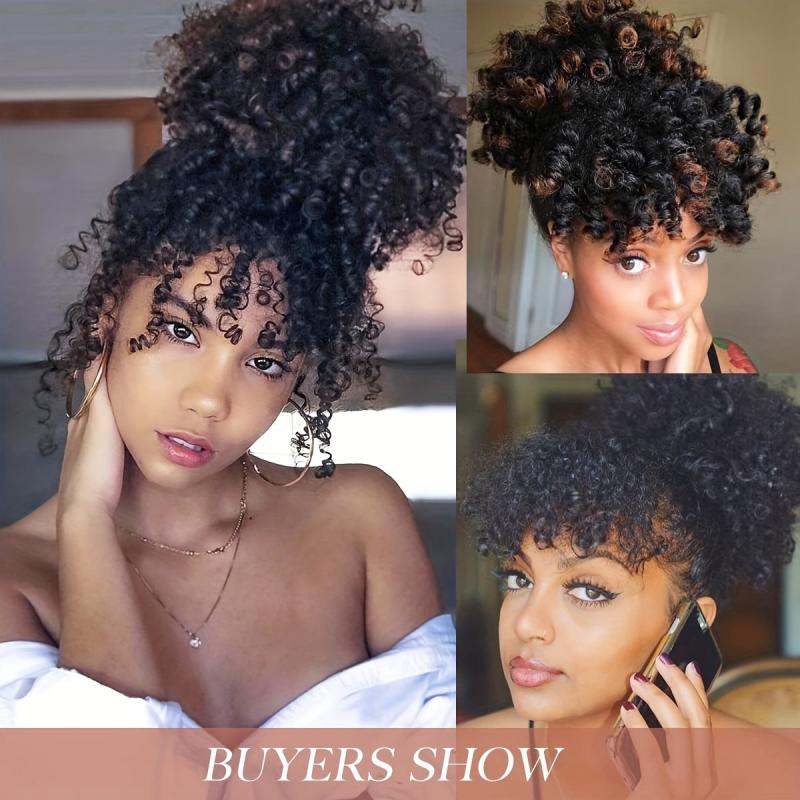 Curly Hair Bun With Bangs Afro Puff Ponytail