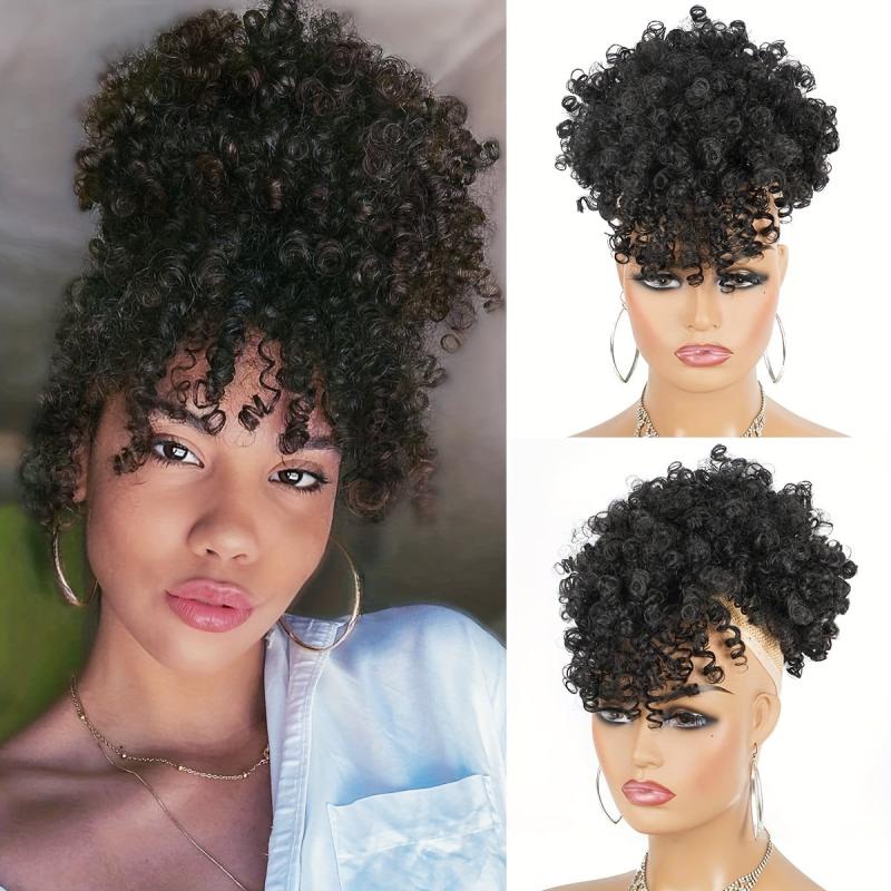 Curly Hair Bun With Bangs Afro Puff Ponytail